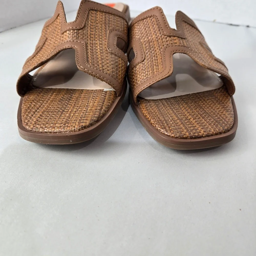 Steven‎ NY Size 9.5 Slide Sandals Brown Woven Raffia Square Toe H-Strap #1068